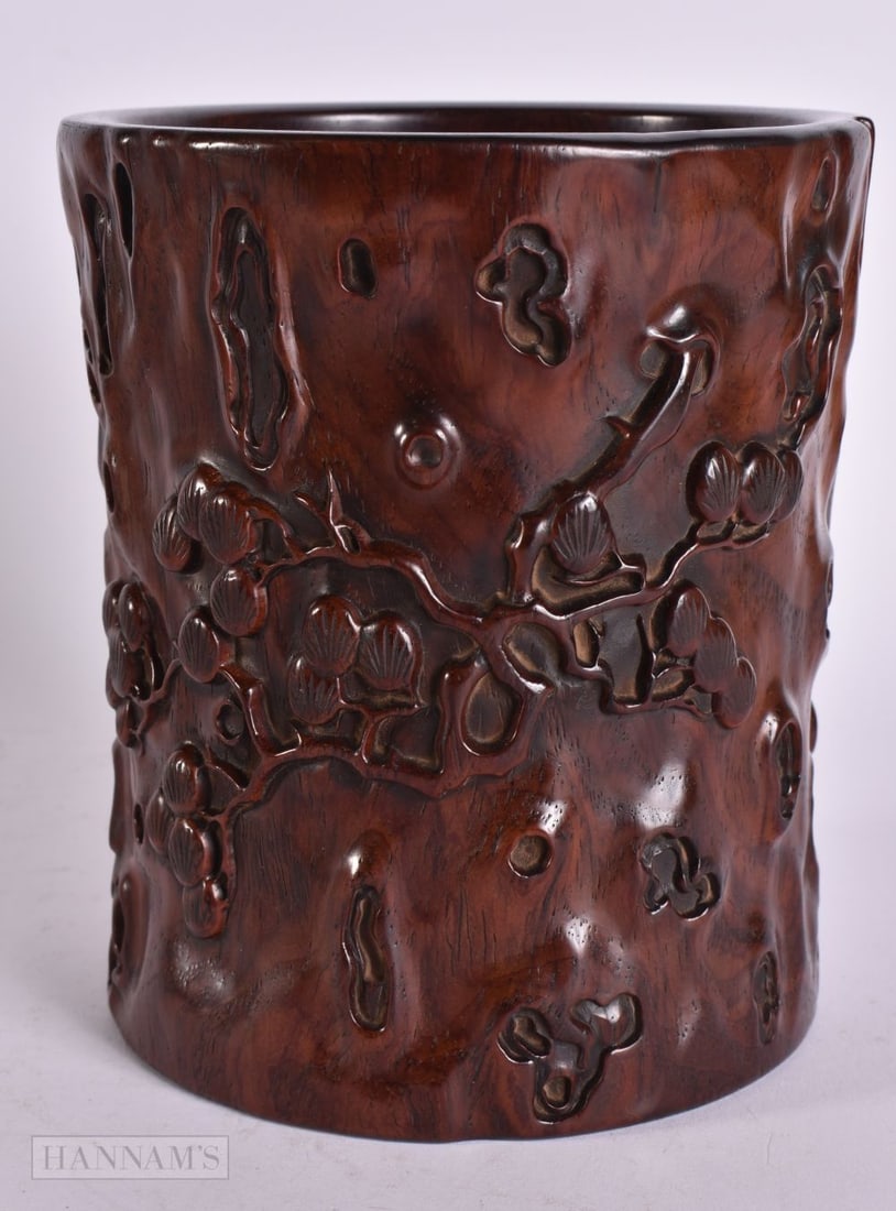 A FINE 18TH CENTURY CHINESE CARVED WOOD BITONG BRUSH POT of naturalistic form. 15 cm x 12.5 cm. (1 of 6)