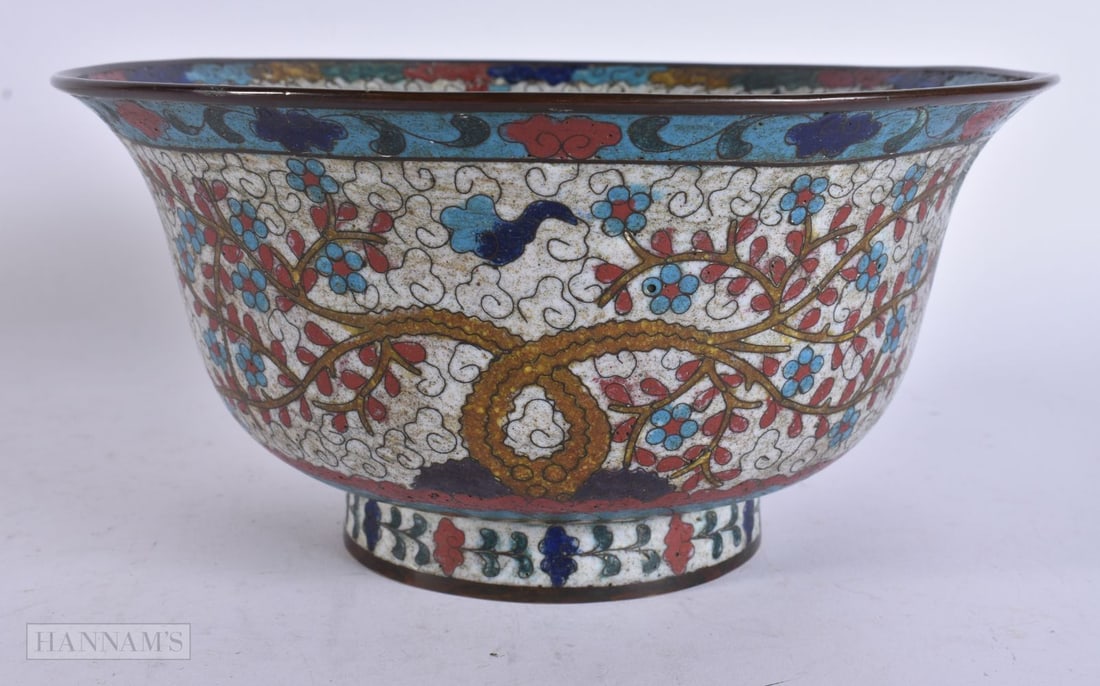 A CHINESE QING DYNASTY CLOISONNE ENAMEL HORSE AND LANDSCAPE BOWL. 22.5 cm x 10 cm.: A CHINESE QING DYNASTY CLOISONNE ENAMEL HORSE AND LANDSCAPE BOWL. 22.5 cm x 10 cm.