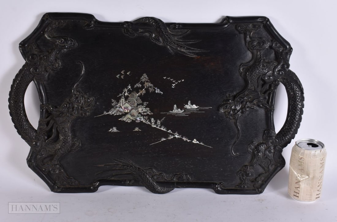 A LARGE 19TH CENTURY CHINESE CARVED ZITAN MOTHER OF PEARL INLAID DRAGON TRAY decorated with landscap (1 of 7)