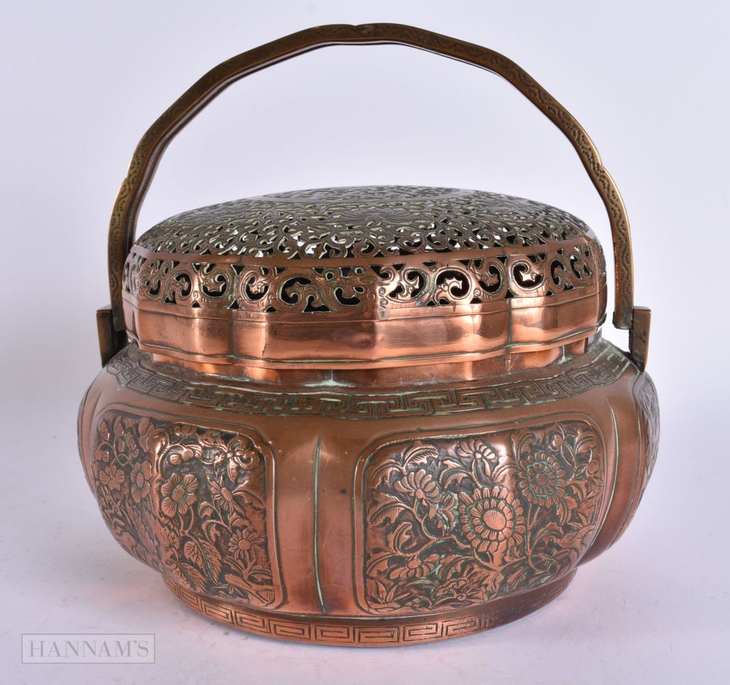 AN 18TH/19TH CENTURY CHINESE COPPER ALLOY HAND WARMER AND COVER decorated with foliage. 18 cm x 16 c (1 of 7)