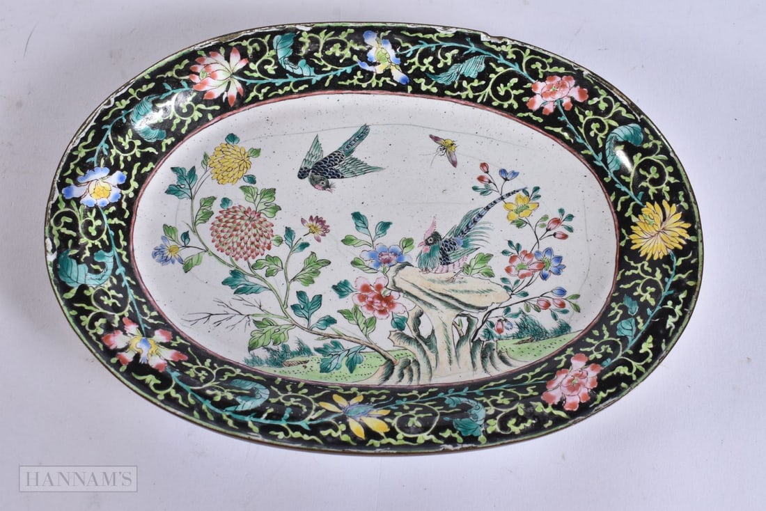 AN 18TH CENTURY CHINESE CANTON ENAMEL OVAL DISH Qianlong, painted with birds. 20 cm x 15 cm. (1 of 6)
