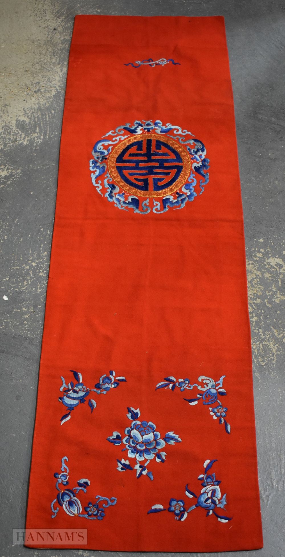 A LATE 19TH CENTURY CHINESE RED EMBROIDERED FLORAL PANEL Late Qing. 152 cm x 45 cm. (1 of 5)