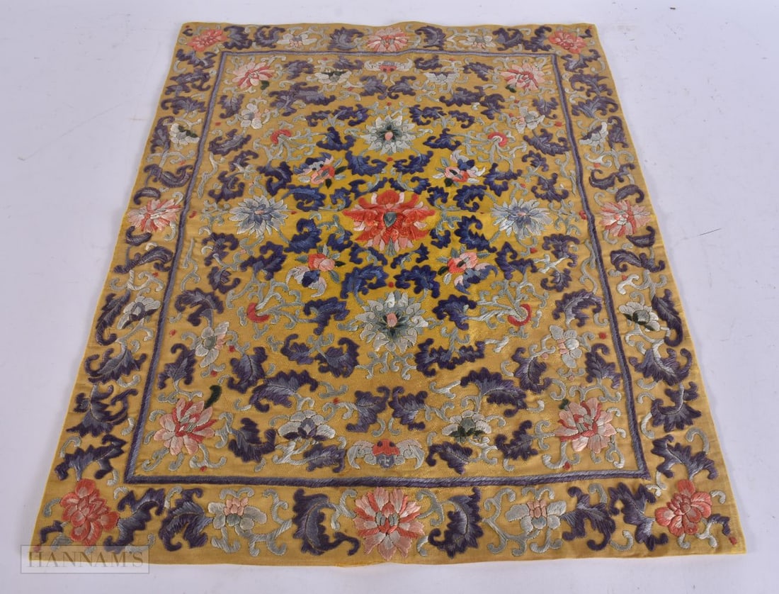 A FINE 18TH/19TH CENTURY CHINESE YELLOW GROUND SILK FLORAL PANEL Qing. 45 cm x 35 cm. (1 of 9)