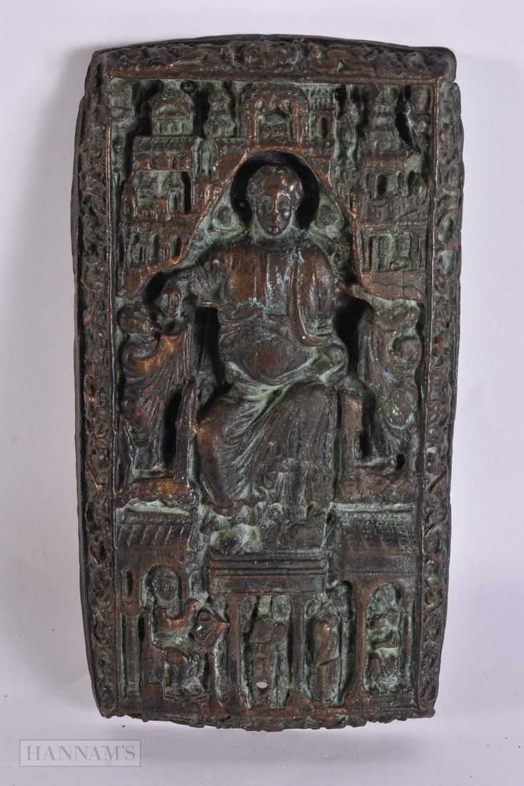 AN UNUSUAL 17TH/18TH CENTURY BRONZE FIGURAL PANEL modelled with a saint amongst landscapes. 22cm x 1: AN UNUSUAL 17TH/18TH CENTURY BRONZE FIGURAL PANEL modelled with a saint amongst landscapes. 22cm x 12 cm.