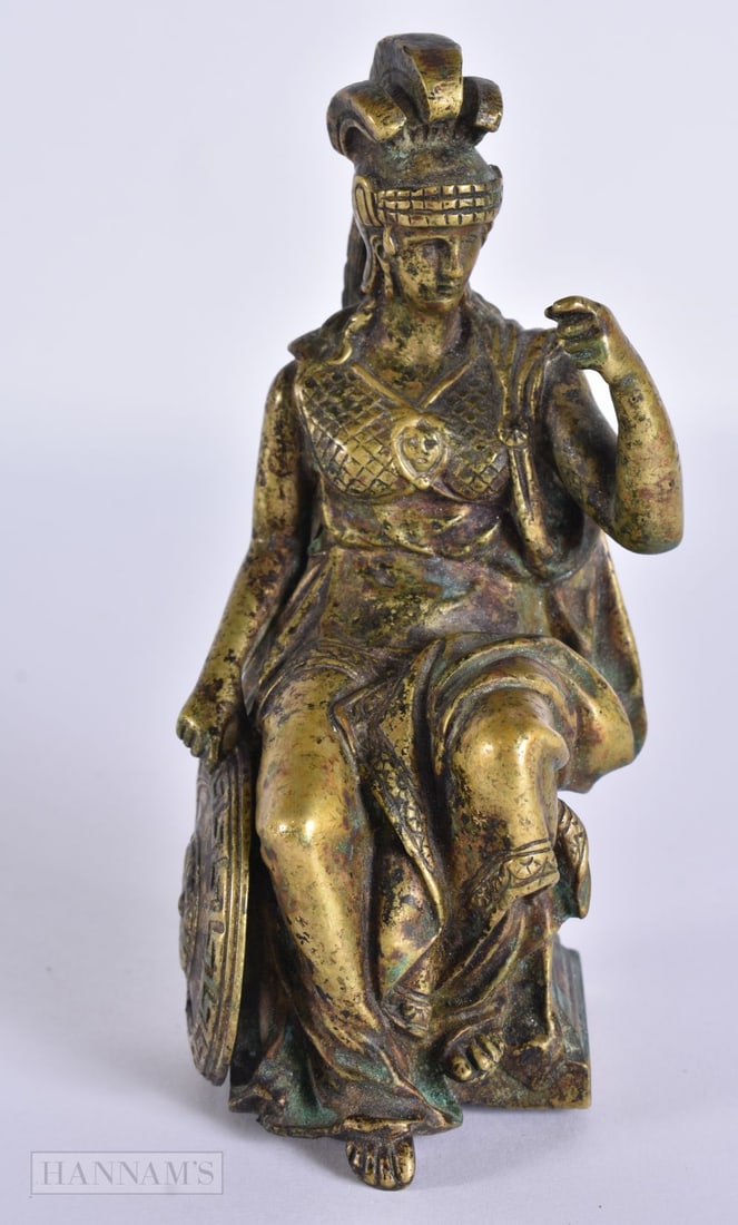 A 19TH CENTURY GRAND TOUR BRONZE FIGURE OF SEATED MINERVA modelled holding a shield. 14.5 cm high.: A 19TH CENTURY GRAND TOUR BRONZE FIGURE OF SEATED MINERVA modelled holding a shield. 14.5 cm high.