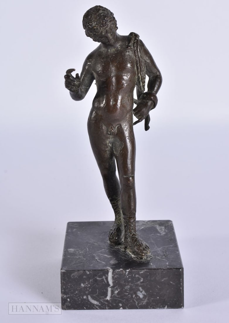 AN 18TH/19TH CENTURY GRAND TOUR BRONZE FIGURE OF NARCISSUS. 14.5 cm high.: AN 18TH/19TH CENTURY GRAND TOUR BRONZE FIGURE OF NARCISSUS. 14.5 cm high.