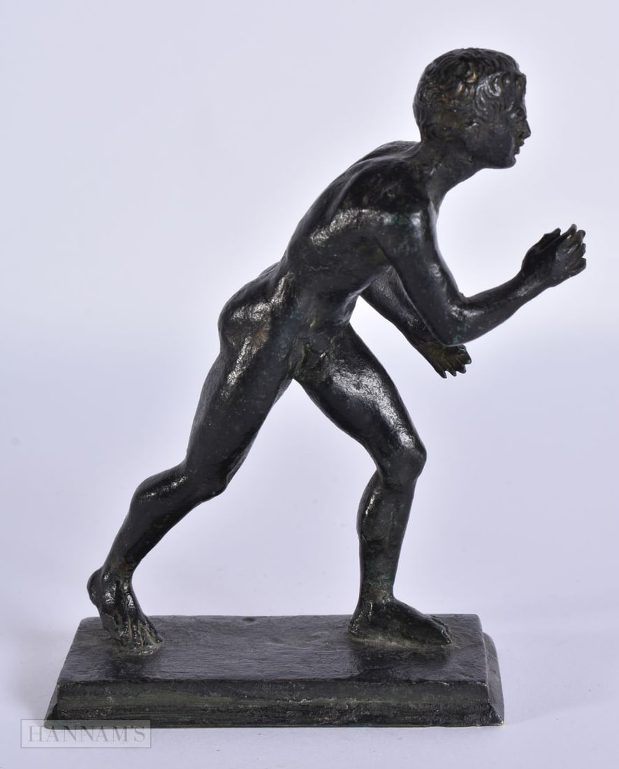 AN 18TH/19TH CENTURY GRAND TOUR BRONZE FIGURE OF AN ATHLETE modelled running. 13 cm high. (1 of 6)
