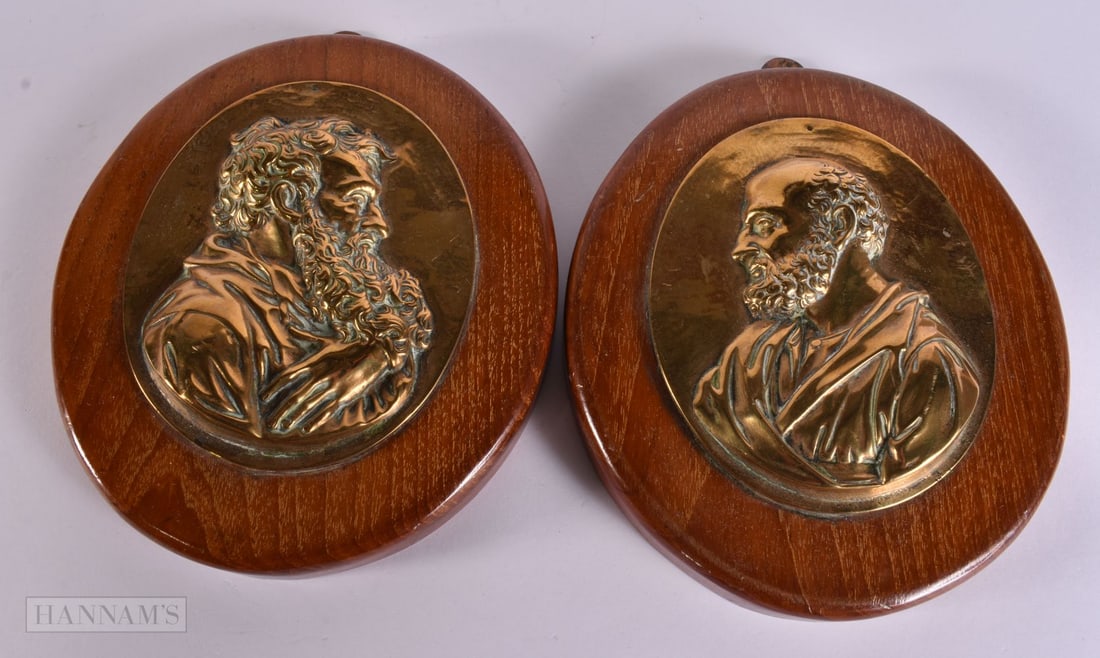 A PAIR OF 19TH CENTURY GRAND TOUR BRONZE PORTRAIT PLAQUES upon later oak wood plaques. 19 cm x 15 cm (1 of 6)