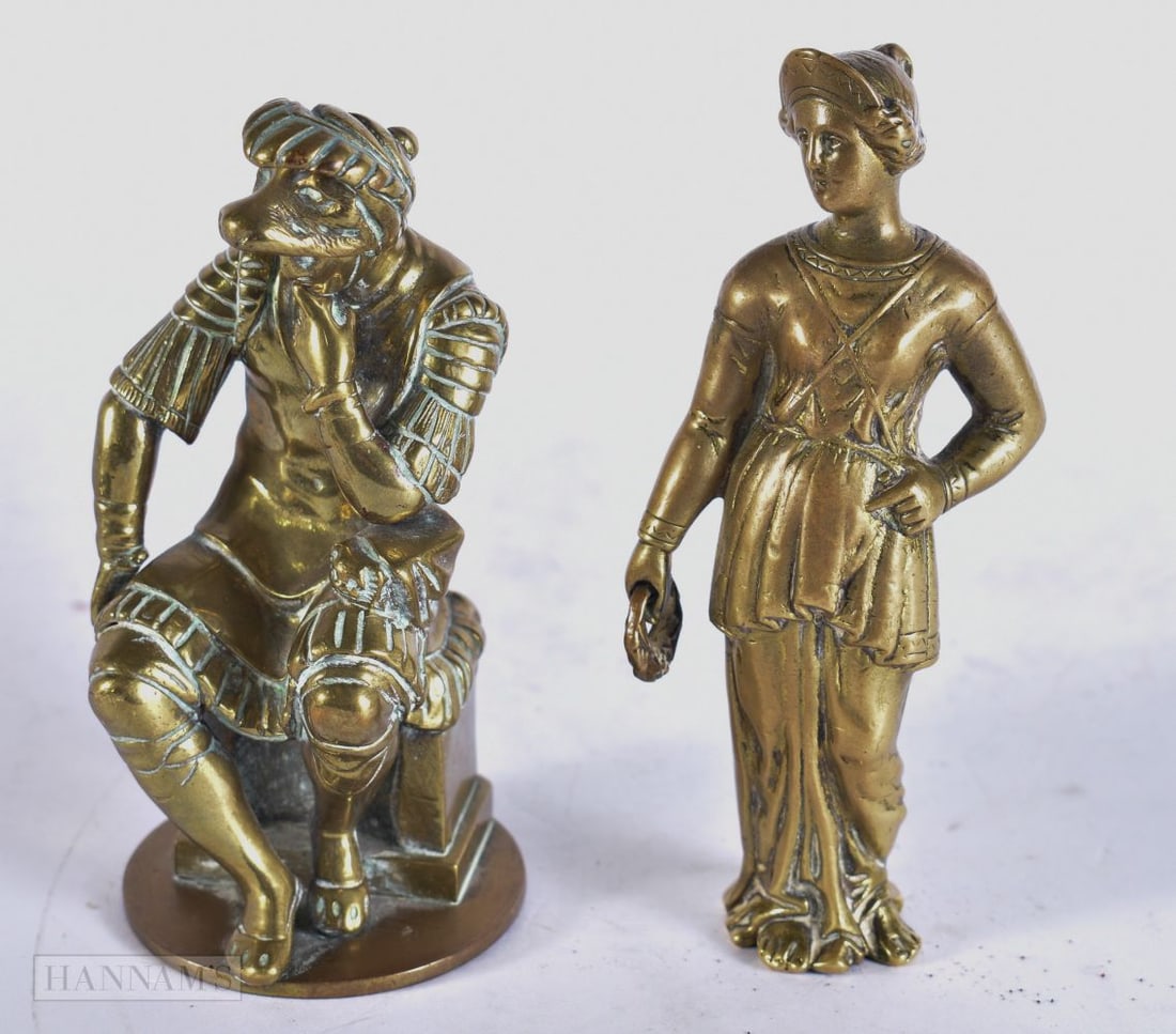 TWO 19TH CENTURY GRAND TOUR BRONZE FIGURES one modelled as the thinker, one as a female. 13.5 cm hig (1 of 4)