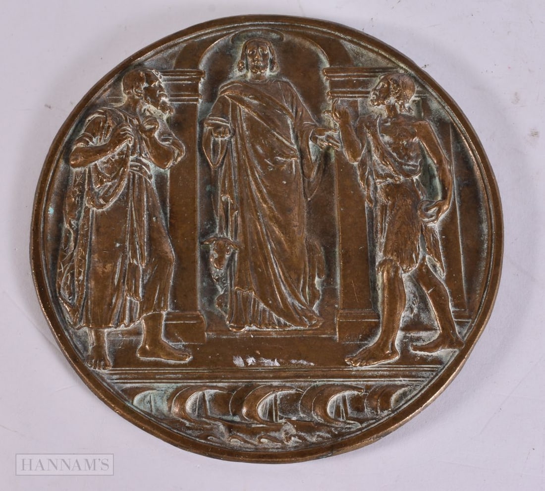 AN 18TH/19TH CENTURY EUROPEAN BRONZE PLAQUE formed with three figures and a lamb. 15.5 cm wide. (1 of 6)