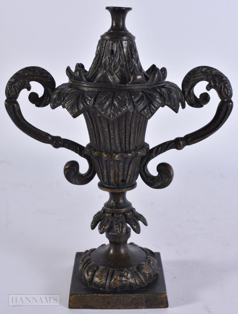 AN 18TH/19TH CENTURY BRONZE TWIN HANDLED PASTILLE VASE AND COVER of naturalistic form. 18 cm x 12 cm (1 of 6)