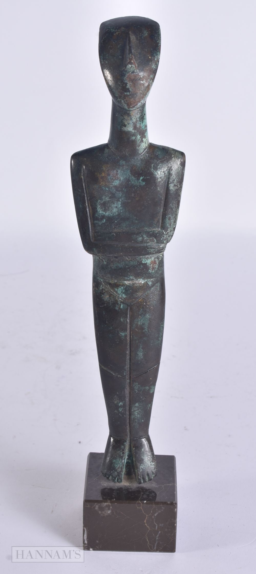 AN UNUSUAL 19TH CENTURY CYCLADIC FEMALE BRONZE IDOL FERTILITY IDOL upon a marble plinth. Bronze 22.5 (1 of 5)