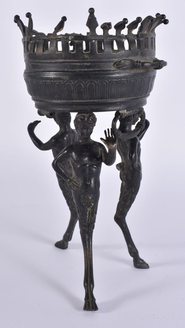 AN UNUSUAL 18TH/19TH CENTURY GRAND TOUR BRONZE VESSEL supported by three caryatid fawn bodies. 20cm: AN UNUSUAL 18TH/19TH CENTURY GRAND TOUR BRONZE VESSEL supported by three caryatid fawn bodies. 20cm high.