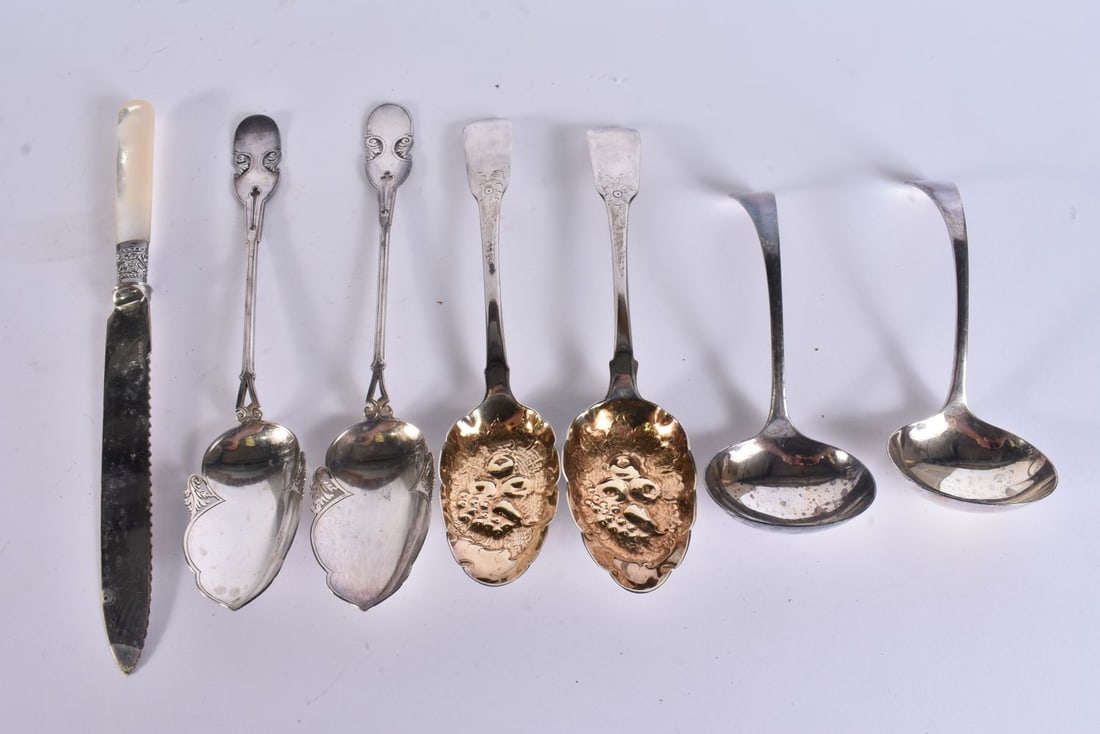 TWO PAIRS OF ANTIQUE SILVER SPOONS etc. Silver 209 grams. (7) (1 of 10)