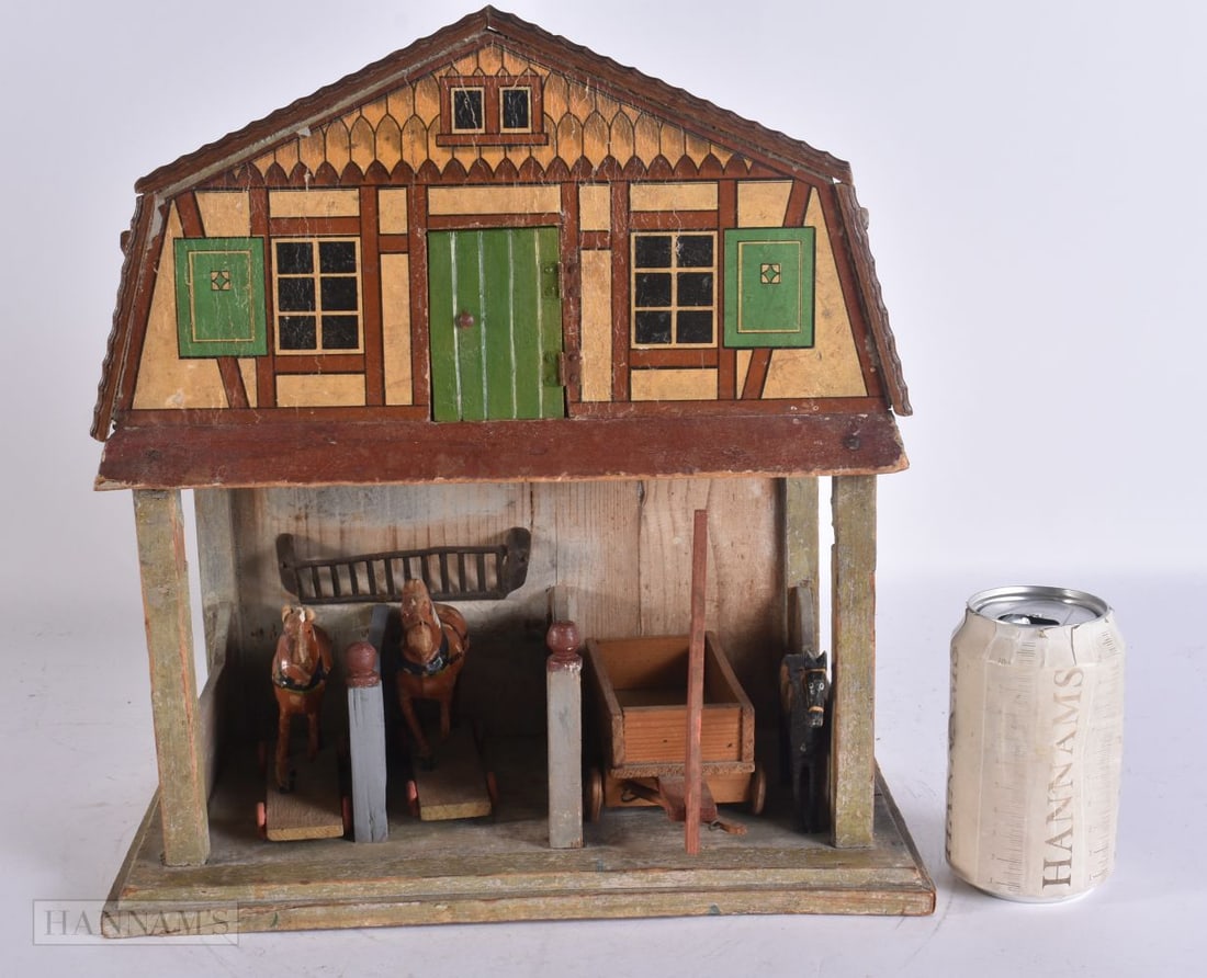 AN UNUSUAL ANTIQUE FOLK ART PAINTED WOOD HORSE STABLES. 40cm x 25cm. (1 of 7)