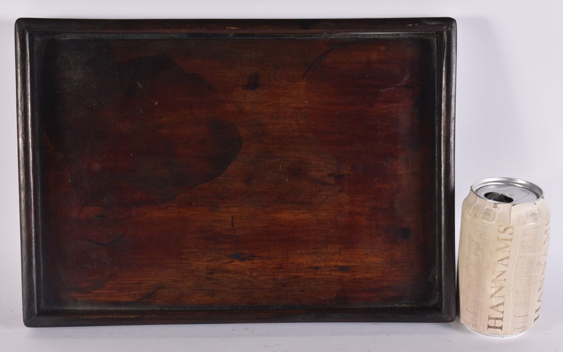 A 19TH CENTURY CHINESE CARVED ZITAN WOOD TRAY Qing. 34 cm x 22cm.: A 19TH CENTURY CHINESE CARVED ZITAN WOOD TRAY Qing. 34 cm x 22cm.