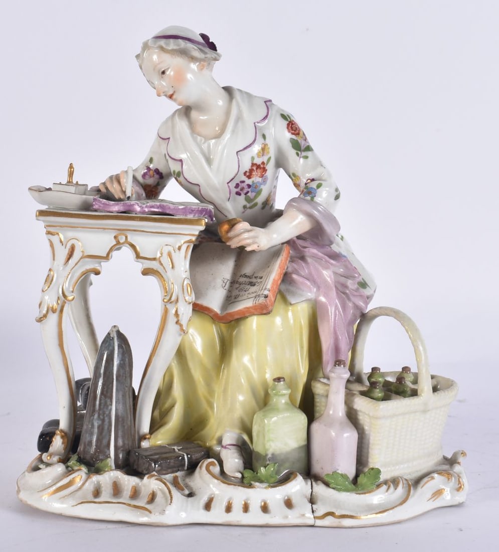 AN UNUSUAL MEISSEN PORCELAIN FIGURE OF THE GOOD HOUSEWIFE possibly 18th century, modelled beside bas (1 of 5)