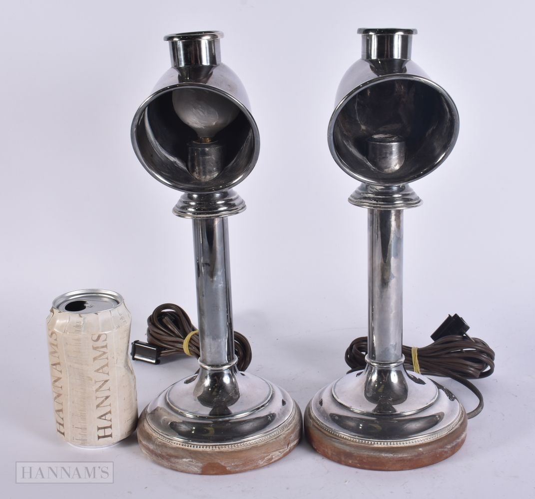 A PAIR OF SILVER PLATED LAMPS. 32 cm high. (1 of 4)