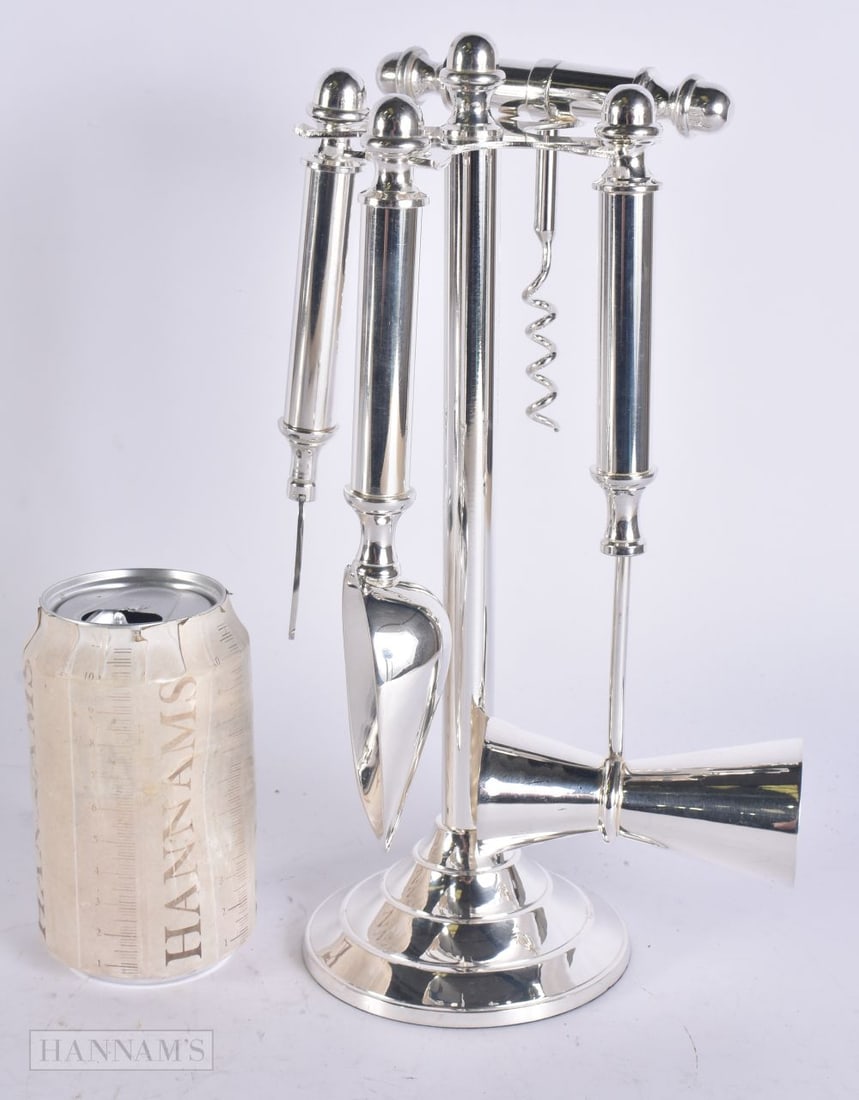 A SILVER PLATED BAR TOOL SET. 27cm high. (1 of 4)