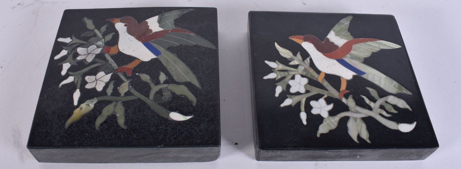 A PAIR OF PIETRA DURA MARBLE PLAQUES. 10 cm square. (1 of 4)