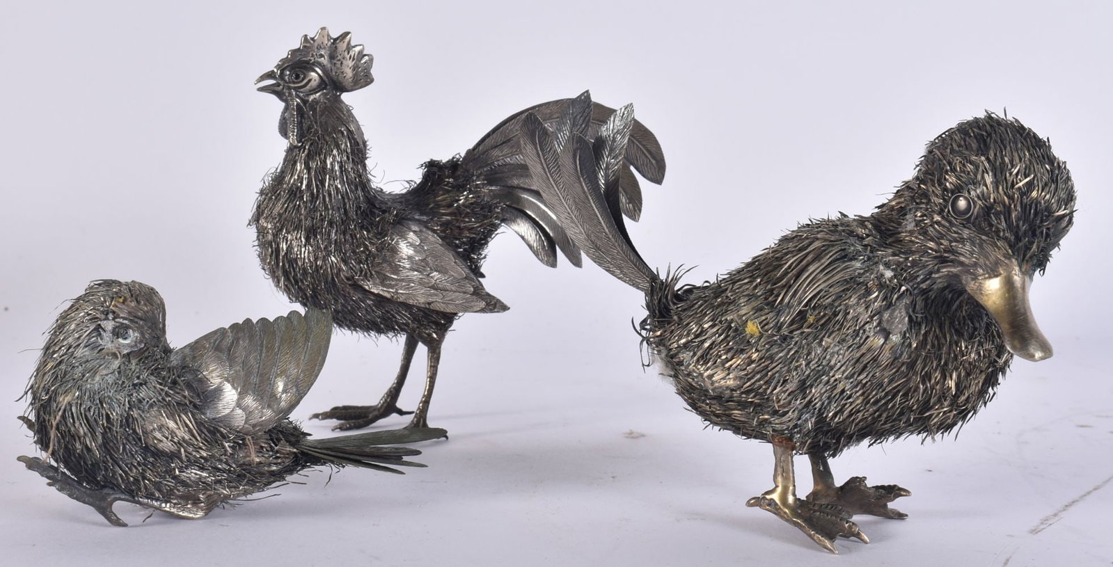 THREE UNUSUAL VINTAGE ITALIAN SILVER BIRDS. 236 grams. Largest 10 cm wide. (3) (1 of 3)