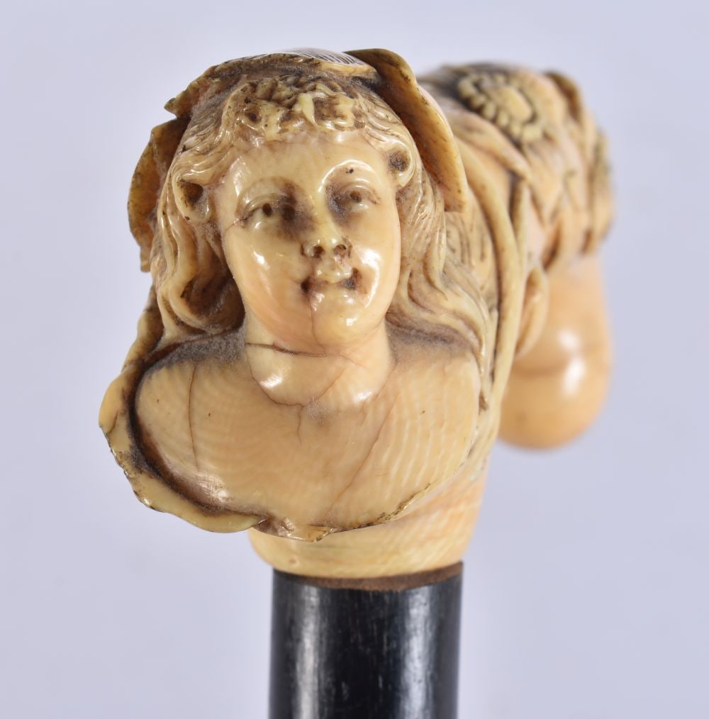 A FINE 19TH CENTURY MAIDEN AND FLOWERS WALKING CANE. 93 cm long. (1 of 5)