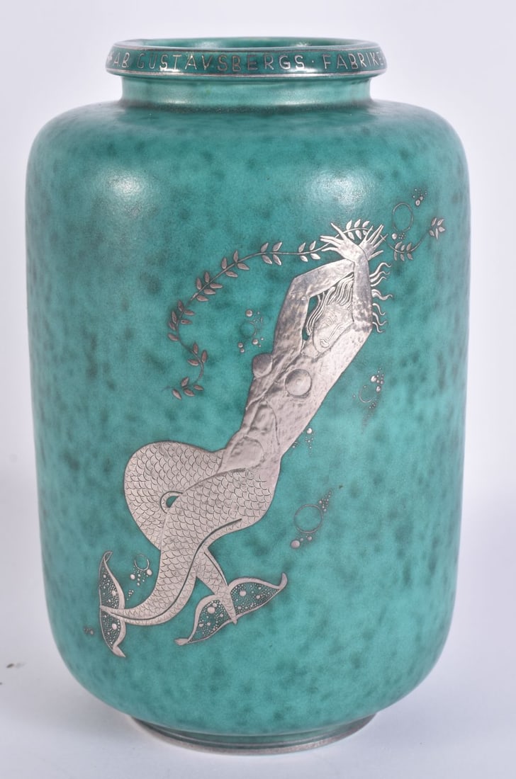 A LOVELY GUSTAVSBERG ARGENTA SILVER INLAID VASE formed with a mermaid on an emerald ground. 21 cm hi (1 of 7)