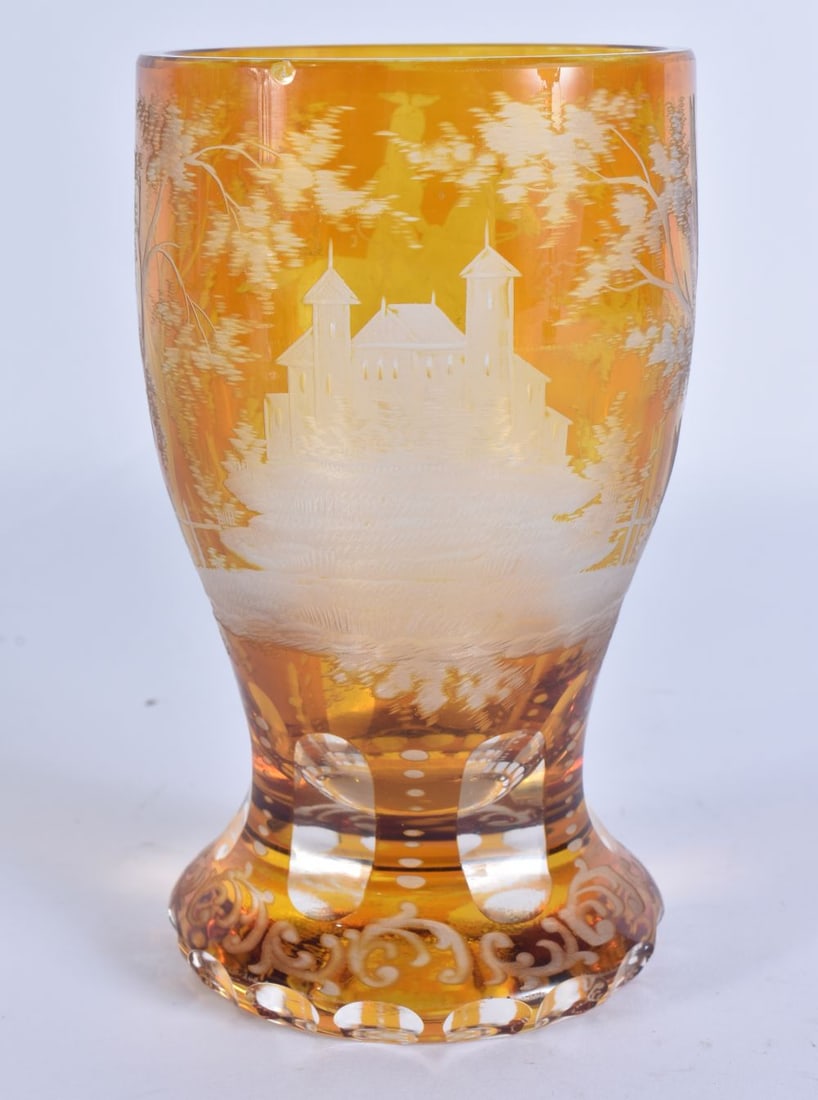 AN UNUSUAL 19TH CENTURY BOHEMIAN AMBER GLASS BEAKER possibly representing an Ottoman male on horseba (1 of 5)