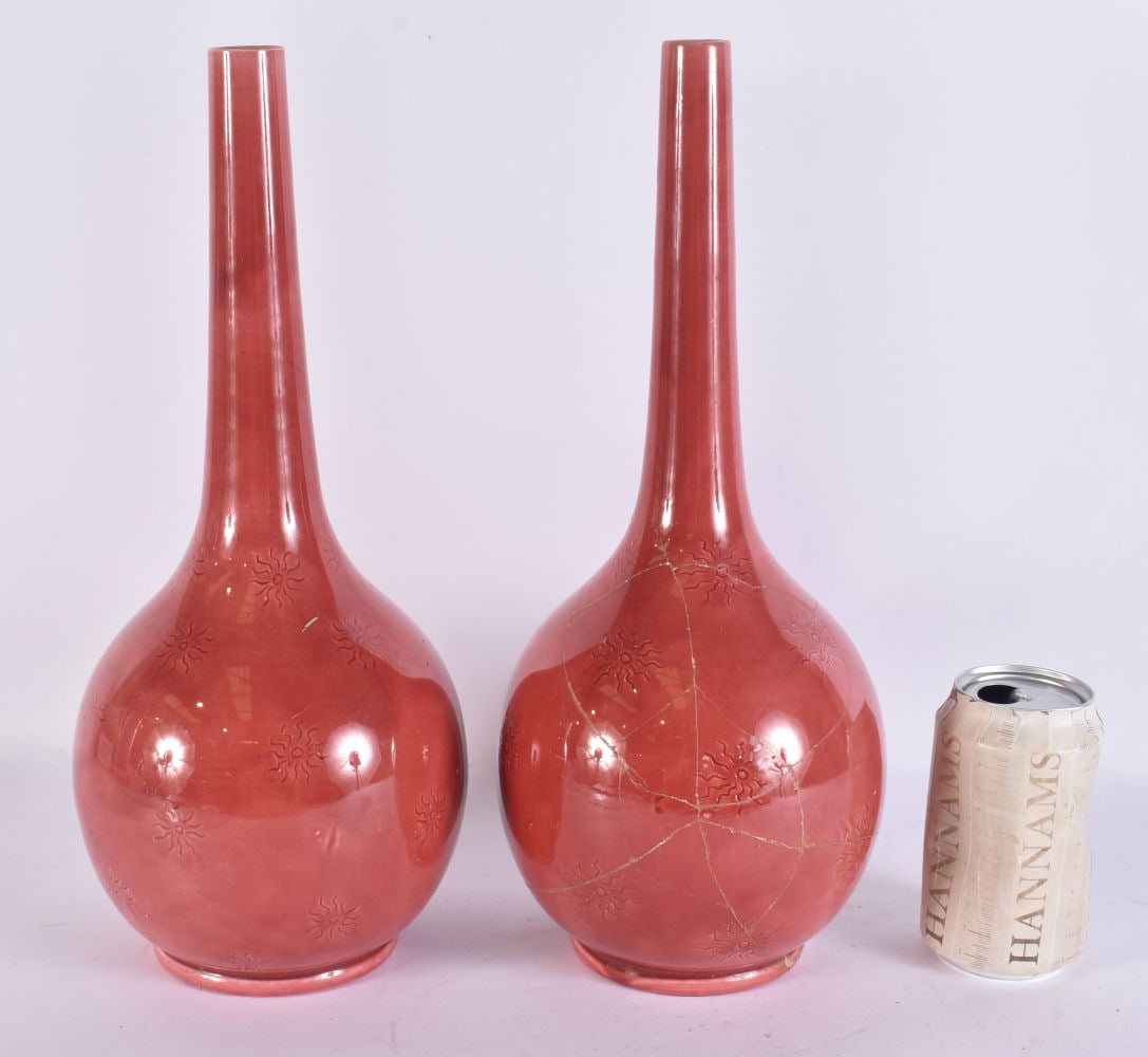 A PAIR OF BURMANTOFTS BULBOUS VASES. 37 cm high. (1 of 5)