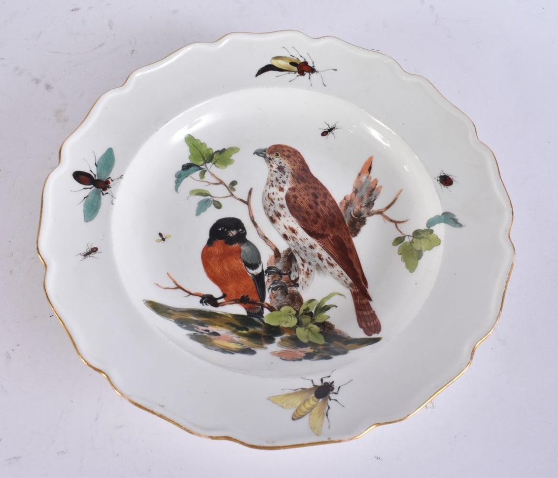 A 19TH CENTURY MEISSEN PORCELAIN PLATE painted with birds and insects. 23.5 cm wide. (1 of 6)
