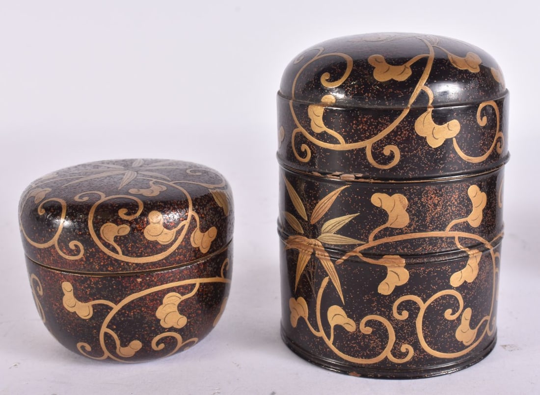 TWO 18TH CENTURY JAPANESE EDO PERIOD LACQUER COSMETIC BOXES decorated with foliage. Largest 9 cm x 6 (1 of 4)
