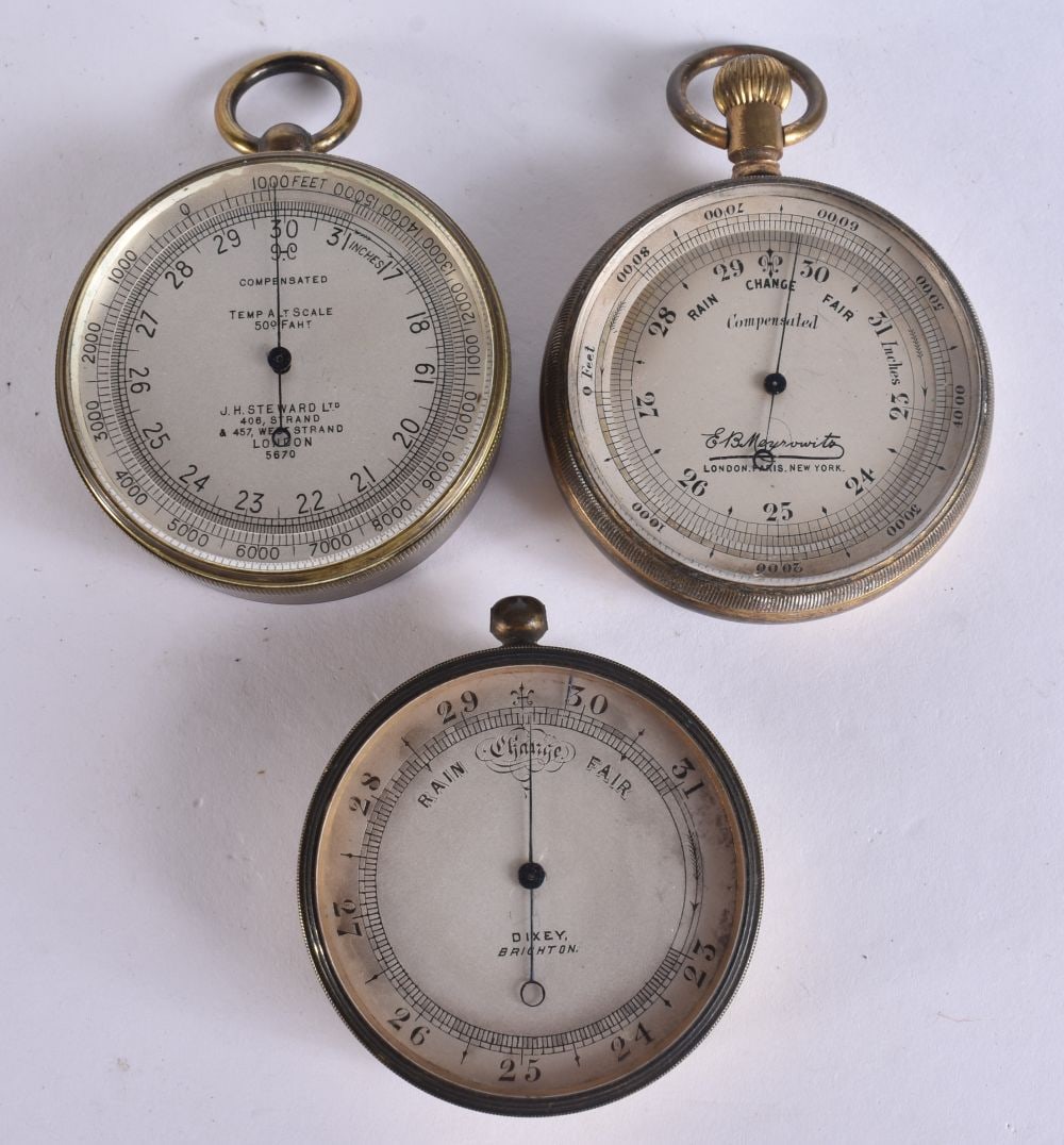 THREE 19TH CENTURY POCKET BAROMETERS. 5 cm wide. (3) (1 of 5)