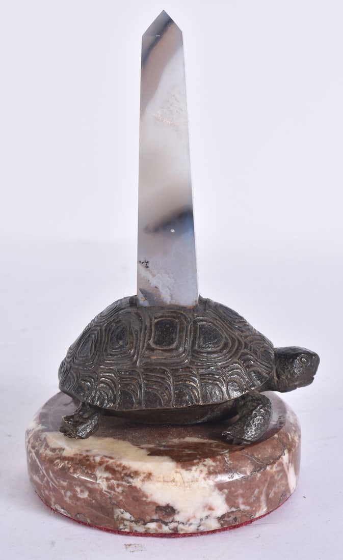 A RARE EARLY 19TH CENTURY REGENCY GRAND TOUR BRONZE AND AGATE TORTOISE modelled revolving on a marbl (1 of 5)