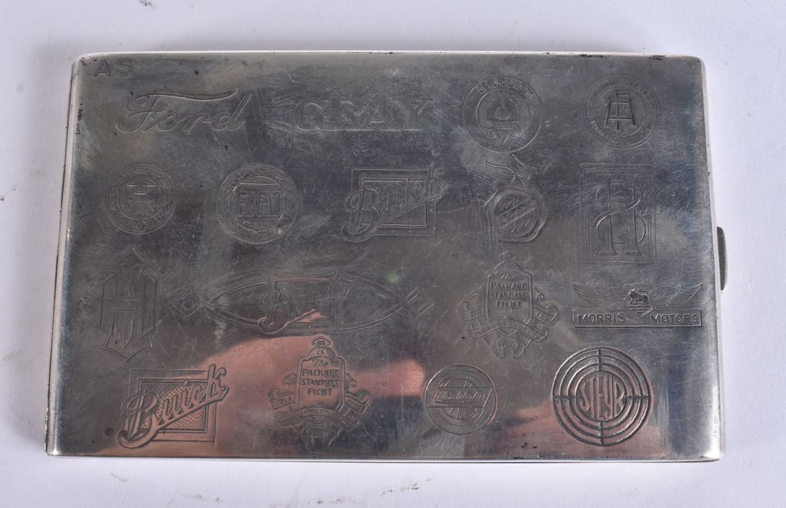 AN ART DECO MOTORING INTEREST SILVER CIGARETTE CASE. 193 grams. 12.5 cm x 8 cm. (1 of 8)