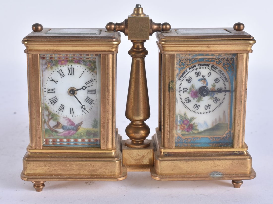 A CONTINENTAL PORCELAIN INSET CLOCK BAROMETER. 11.5 cm x 9.5 cm. (1 of 8)