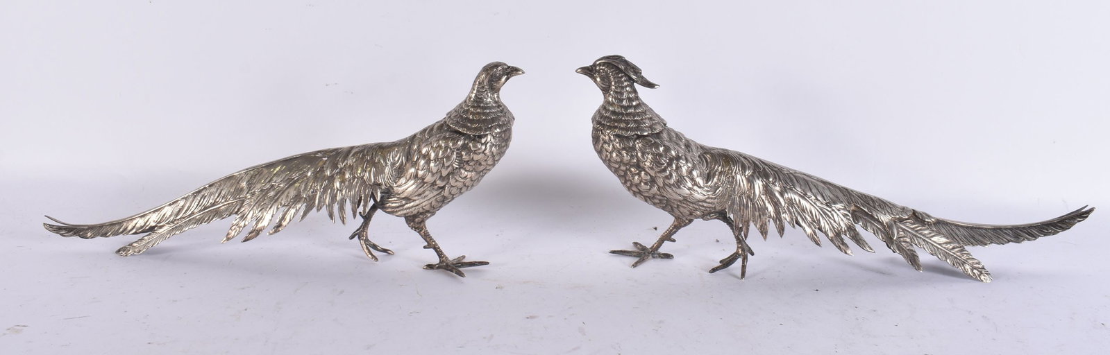 A LARGE PAIR OF EARLY 20TH CENTURY CONTINENTAL SILVER GAME BIRDS. 1062 grams. 34 cm wide. (1 of 7)