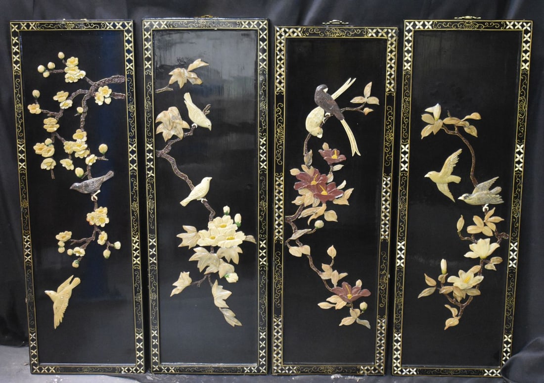 FOUR CHINESE LACQUERED PANELS. (4) 91 cm x 31cm (1 of 6)