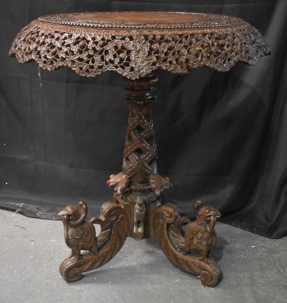 A FINE 19TH CENTURY ANGLO INDIAN BURMESE CARVED WOOD RETICULATED TABLE. 77cm x 74cm (1 of 9)