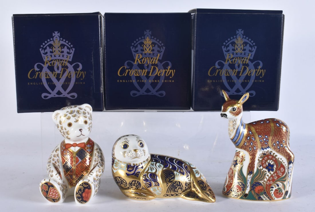 THREE ROYAL CROWN DERBY PAPERWEIGHTS Fawn, Harbour Seal & Red tie teddy bear. (3) (1 of 3)