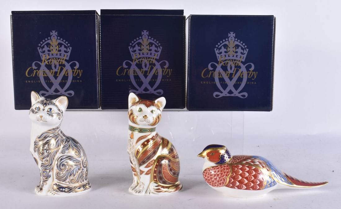 THREE ROYAL CROWN DERBY PAPERWEIGHTS including a cat & pheasant. (3) (1 of 3)