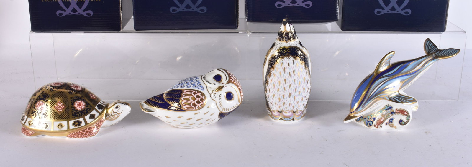 FOUR ROYAL CROWN DERBY PAPERWEIGHTS including Rose tortoise, Penguin, Owl & striped dolphin. (4) (1 of 3)