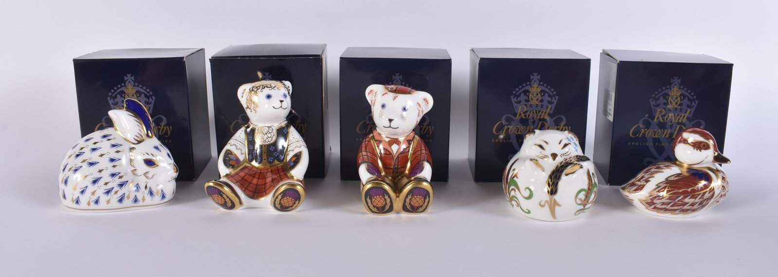 FIVE ROYAL CROWN DERBY PAPERWEIGHTS including Scottish teddy, Swimming duckling etc. (5) (1 of 3)