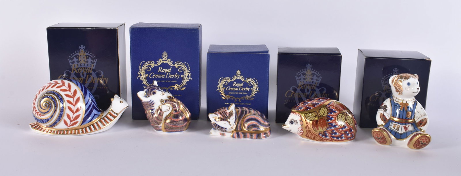 FIVE ROYAL CROWN DERBY PAPERWEIGHTS including snail, kitten etc. (5): FIVE ROYAL CROWN DERBY PAPERWEIGHTS including snail, kitten etc. (5)