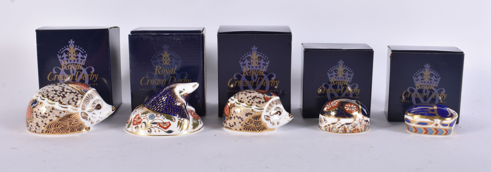 FIVE ROYAL CROWN DERBY PAPERWEIGHTS including Goviers hedgehog, blue ladybird etc. (5): FIVE ROYAL CROWN DERBY PAPERWEIGHTS including Goviers hedgehog, blue ladybird etc. (5)