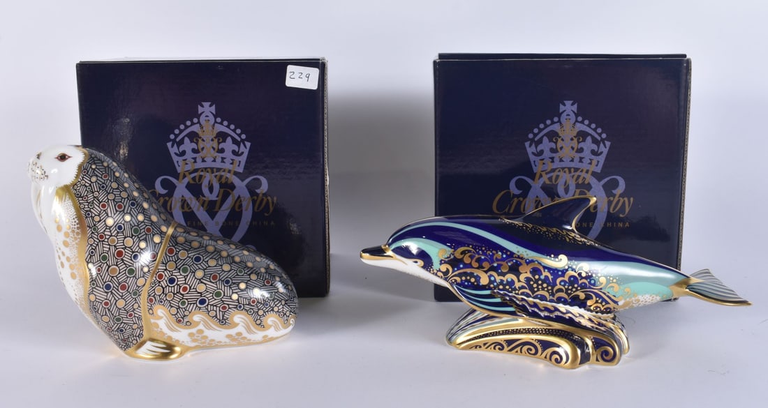 TWO ROYAL CROWN DERBY PAPERWEIGHTS Russian walrus & Lyme bay dolphin. (2) (1 of 3)