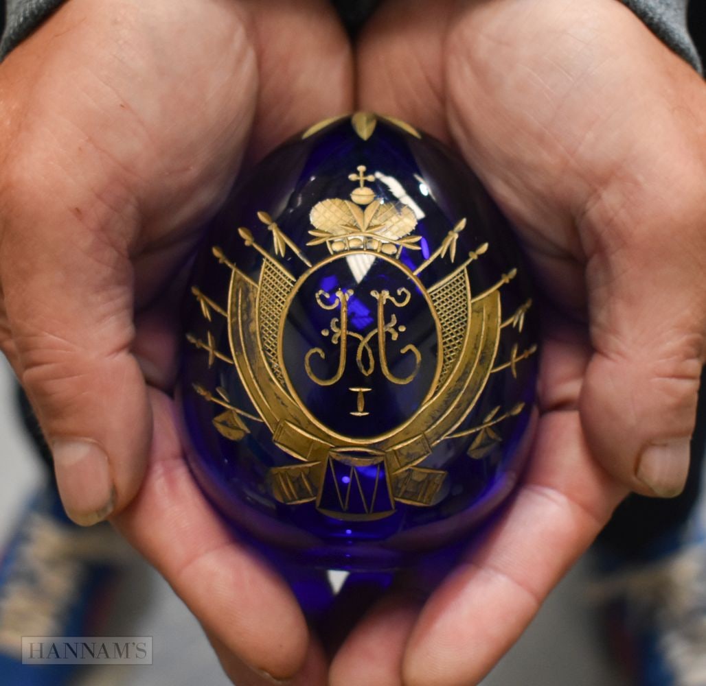A RUSSIAN IMPERIAL BLUE GLASS DOUBLE EAGLE EASTER EGG. 10 cm x 6 cm. (1 of 4)
