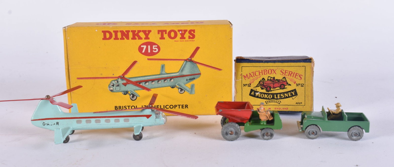 A DINKY NO 715 BRISTOL 173 HELICOPTER together with a matchbox No 12 truck & a Lesney dump truck. (3 (1 of 4)