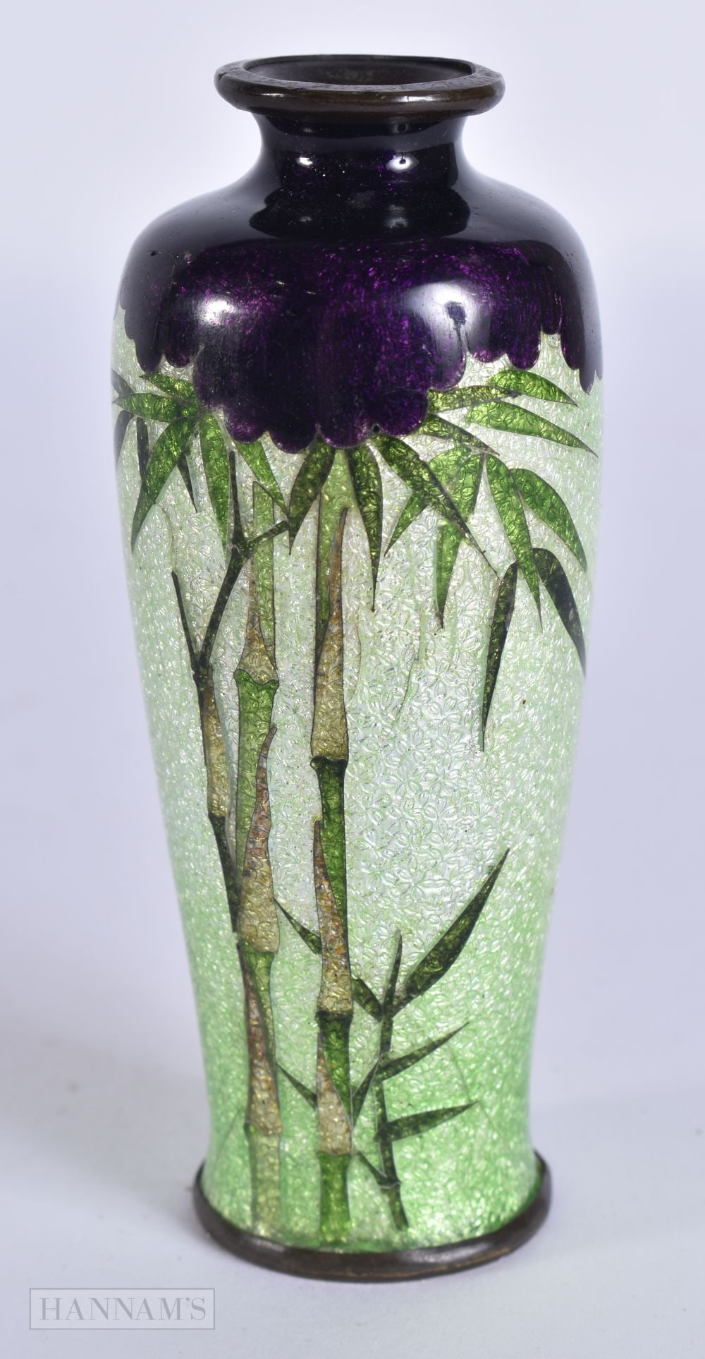 AN EARLY 20TH CENTURY JAPANESE CLOISONNE ENAMEL VASE decorated with bamboo. 9.5 cm high. (1 of 5)