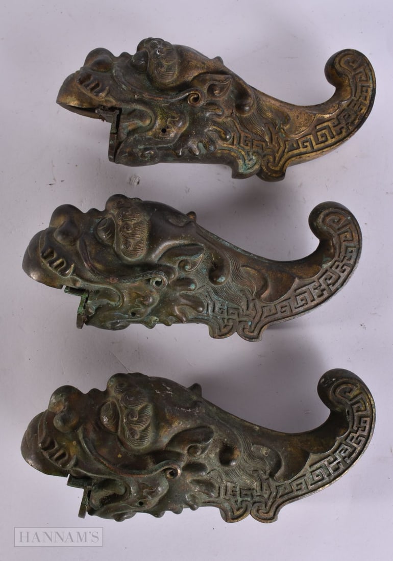A SET OF THREE 19TH CENTURY CHINESE QING DYNASTY BRONZE DRAGON FISH Qing. 21.5 cm wide. (3) (1 of 4)