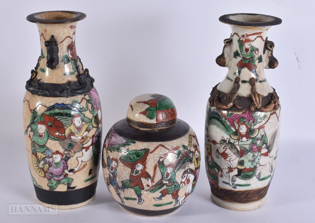 A PAIR OF 19TH CENTURY CHINESE CRACKLE GLAZED VASES together with a similar ginger jar. Largest 25.5 (1 of 3)